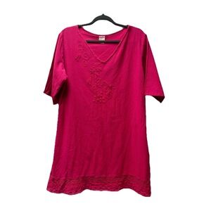 Manta Del Lago M Fucshia Gauzy Cotton Dress Embroidered Crochet Fiesta Beachy
